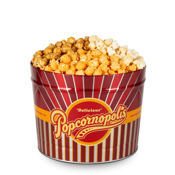 Tin of Popcornopolis® gourmet popcorn assorted cheese caramel