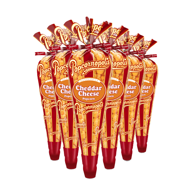 Pictured: six regular Cheddar Tall Popcornopolis® flavored Cheddar Cheese gourmet popcorn. With Classic Red Stripes on packaging