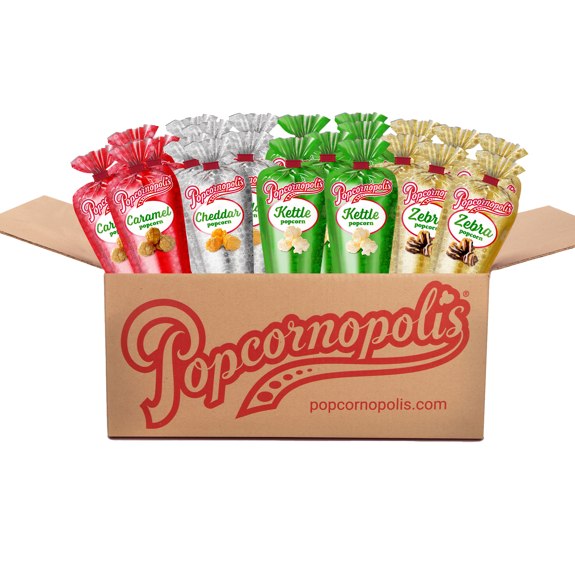 Pictured: A box of assorted Mini Cones Popcorn with Metallic holiday packaging flavors include Caramel, Cheddar, Kettle, and Zebra with chocolate and white chocolate.