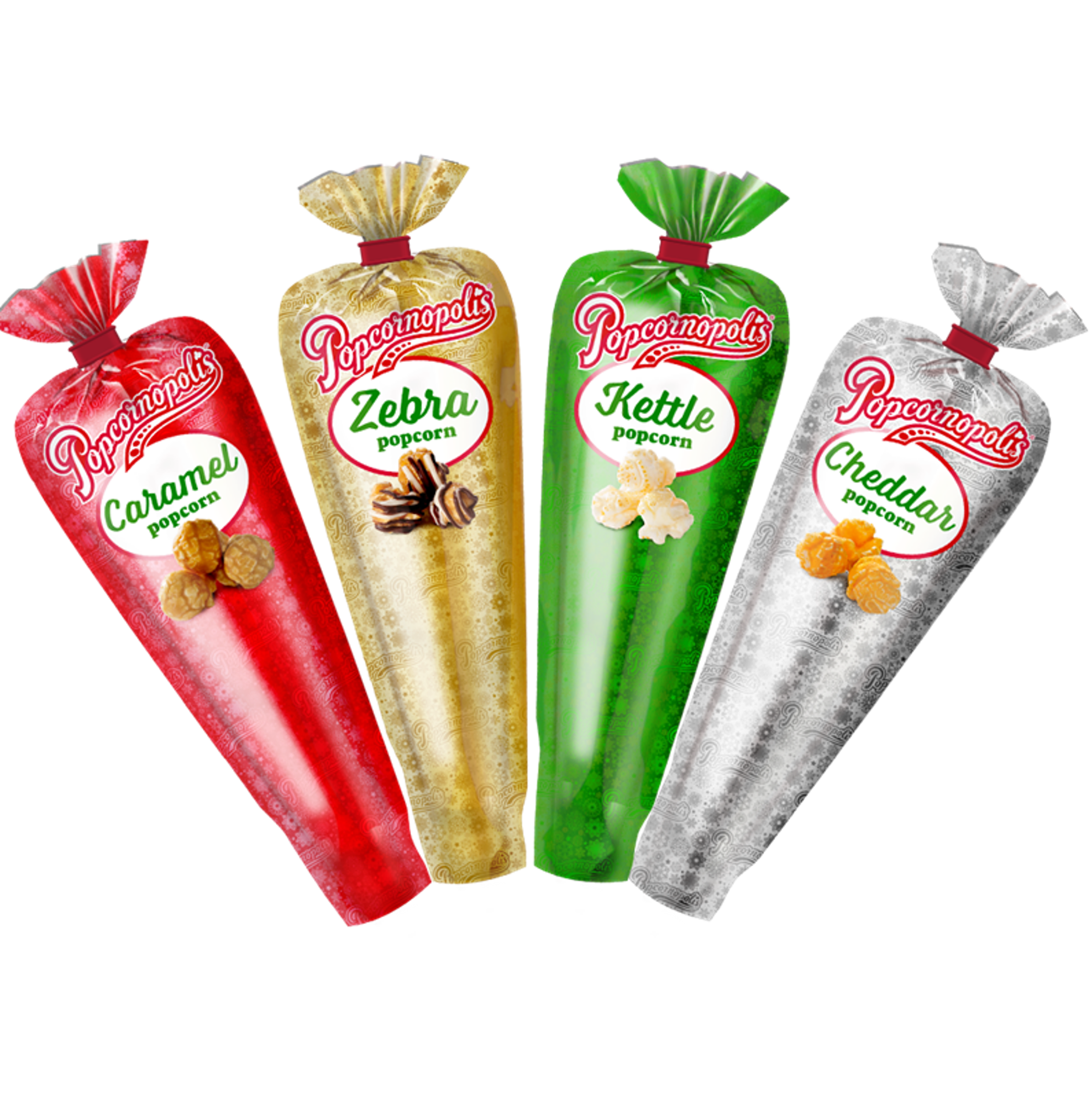 Pictured assorted 4 types of Mini Cones with Metallix holiday packaging flavors include Caramel, Cheddar, Kettle, and Zebra with chocolate and white chocolate.