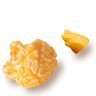 A picture of a kernel flavored Cheddar Cheese next a chuck of cheese.