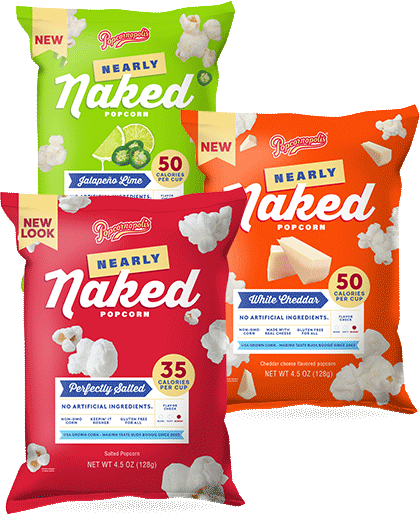 Pictured 3 bags Net 4.5 OZ. Gourmet popcorn. Nearly Naked popcorn bag flavored with Jalapeno Lime, Nearly Naked popcorn bag of flavored with Perfectly Salted, Nearly Naked popcorn bag of flavored with White Cheddar. Homepage Seasonal Image Nearly Naked