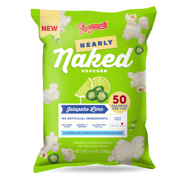 Pictured of gourmet popcorn Nearly Naked bag 4.5 oz flavored Jalapeno Lime. NNJL PLP Hero Silo 01