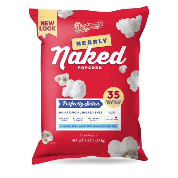 Pictured gourmet popcorn Nearly Naked bag 4.5 oz flavored Perfectly Salted. NNPS PLP Hero Silo 01