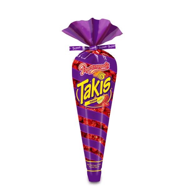 Picture of 1 gourmet popcorn. Flavored of Takis Fuego® tall Cones Net WT. 1.75oz. Spicy and Chile lime flavor.